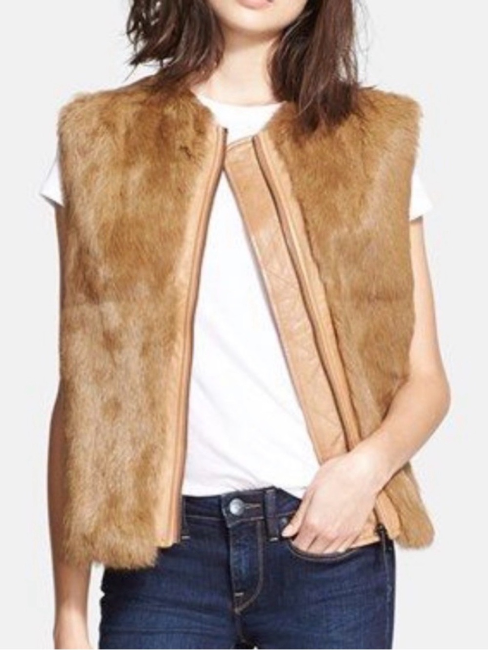 Vince Genuine Brown Tan Rabbit Fur Quilted Lamb Leather Zip Up Vest